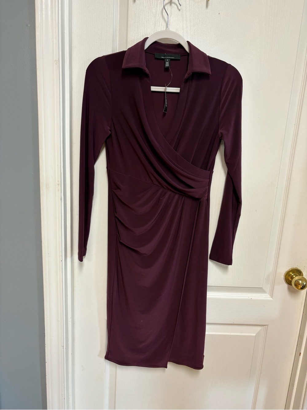 White House Black Market Long Sleeve Faux-Wrap Dress in Plum